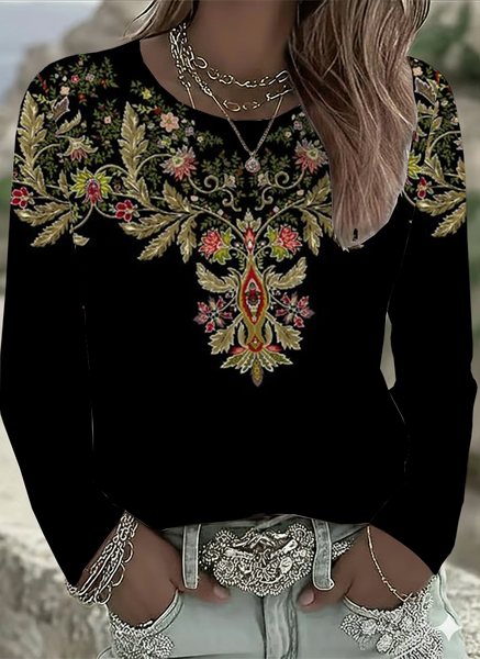 

Women Floral Long Sleeve Tee T-shirt Crew Neck Printing Casual Spring/Fall Graphic Tee Top, Black, T-Shirts