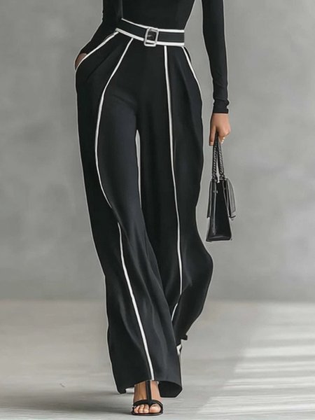

Plus Size Casual Color Block Piping Straight Pants, Black, Plus Pants
