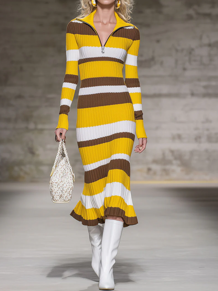 

Elegant Striped Shirt Collar Midi Sweater Dress, Yellow, Midi Dresses