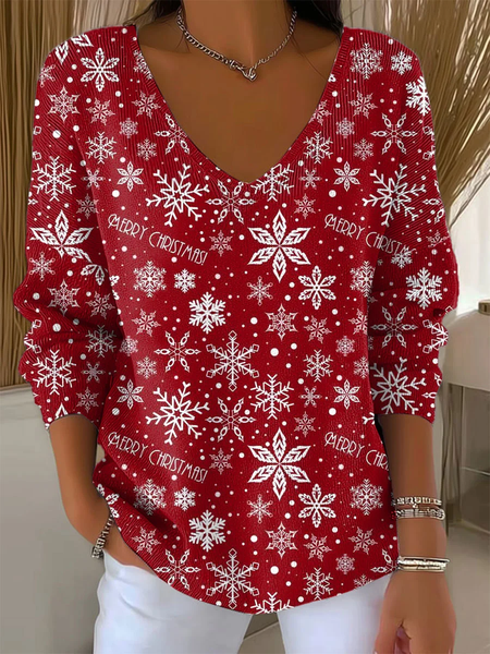 Women Christmas Long Sleeve Tee T-shirt V Neck Printing Casual Spring/Fall Top
