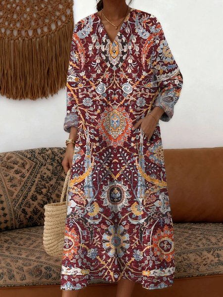 Women Geometric Spring/Fall Dress V Neck Long Sleeve A-Line Dress