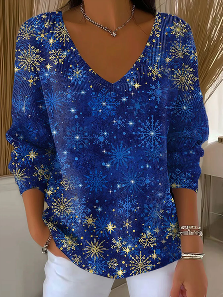 

Women Christmas Long Sleeve Tee T-shirt V Neck Printing Casual Spring/Fall Top, Blue, T-Shirts