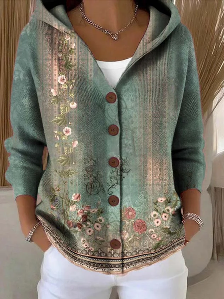 

Women Floral Printing Long Sleeve Hoodie Casual Spring/Fall Cardigan Outerwear, Green, Cardigans