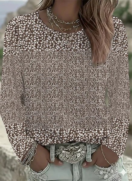 

Women Floral Long Sleeve Tee T-shirt Crew Neck Printing Casual Spring/Fall Graphic Tee Top, Brown, T-Shirts