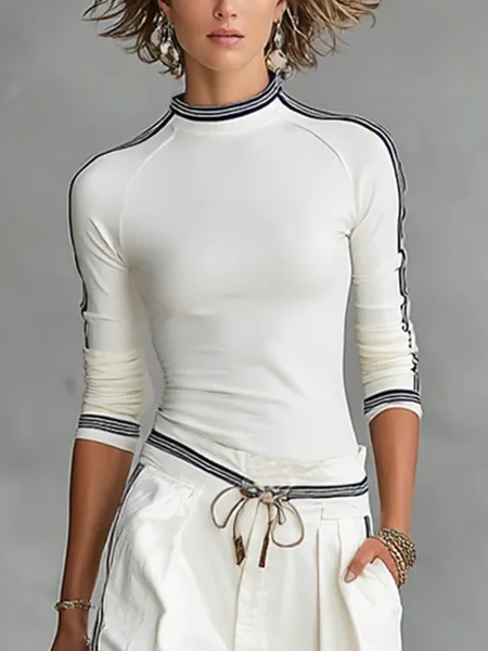 

Casual Color Block Mock Neck T-shirt, White, Tees