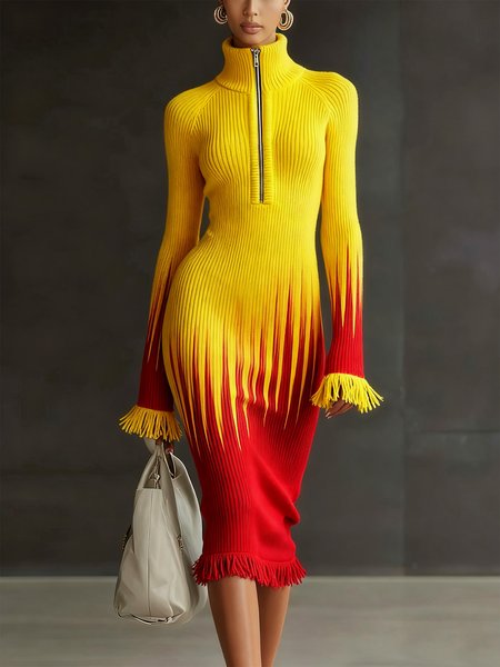 

Elegant Color Block Turtleneck Sweater Knee Length Dress, As picture, Midi Dresses