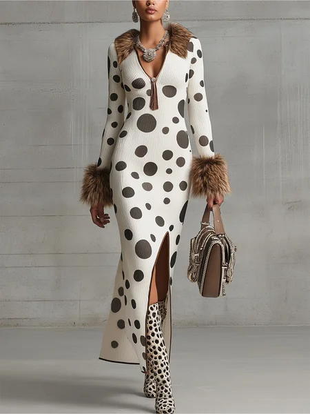 

Elegant Polka Dots Side-Slit Shawl Collar Sweater Maxi Dress, As picture, Midi Dresses