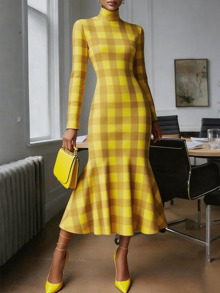 

Urban Plaid Printing Turtleneck Midi Dress, Yellow, Midi Dresses