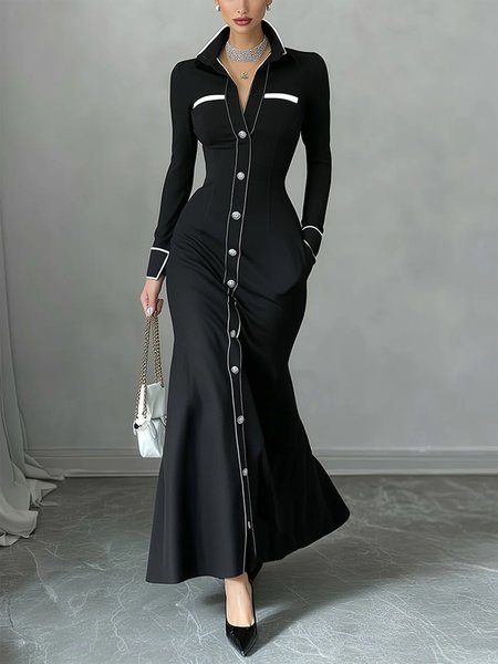 Urban Color Block Buttoned Shirt Collar Maxi Dress