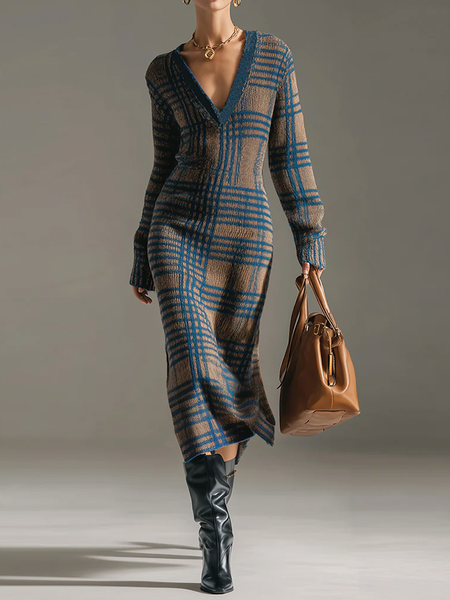 Urban Plaid V Neck Maxi Sweater Dress