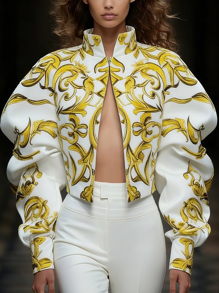 

Elegant Printing Random Print Stand Collar Jacket, Yellow, Jackets