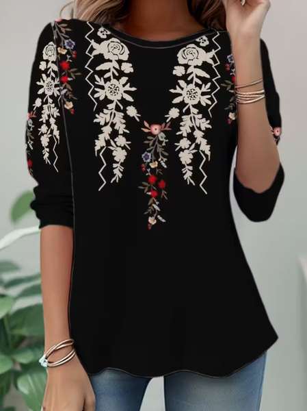 

Women Floral Long Sleeve Tee T-shirt Crew Neck Casual Spring/Fall Tunic Top, Black, T-Shirts