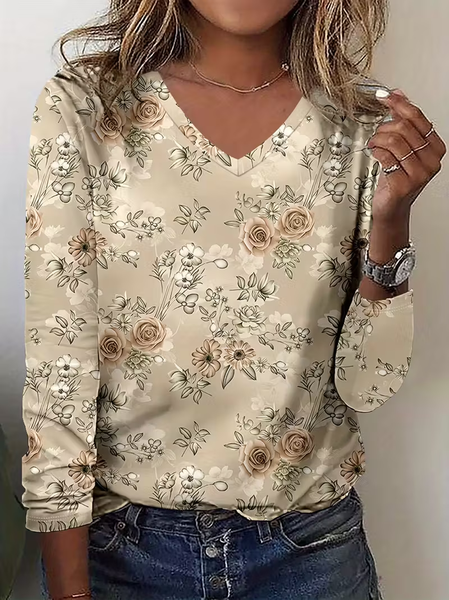 

Women Floral Long Sleeve Tee T-shirt V Neck Printing Casual Spring/Fall Graphic Tee Top, Apricot, T-Shirts