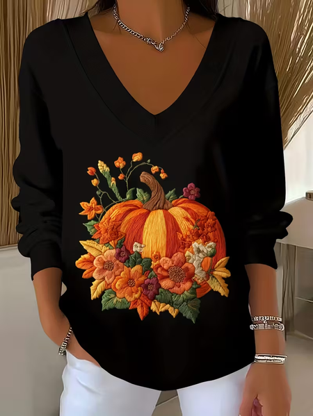 

Women Floral Long Sleeve Tee T-shirt V Neck Printing Casual Spring/Fall Top, Black, T-Shirts