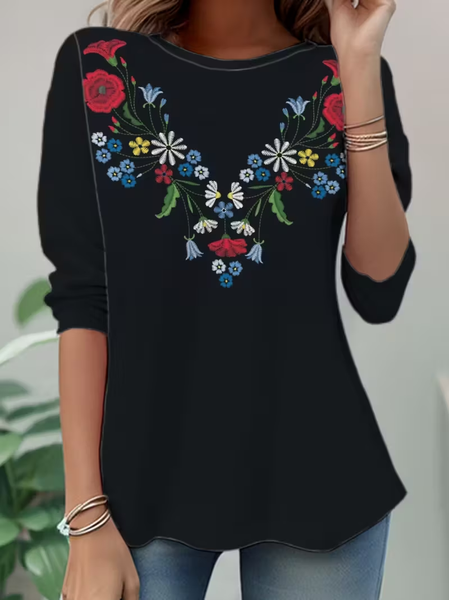 

Women Floral Long Sleeve Tee T-shirt Crew Neck Casual Spring/Fall Tunic Top, Black, T-Shirts