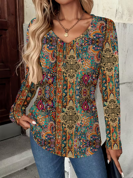 

Casual Floral V Neck Long Sleeve T-shirt, As picture, T-shirts