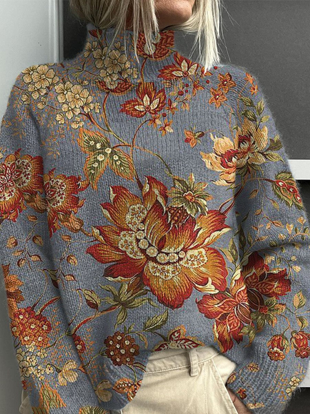 

Women Floral Printing Spring/Fall Vintage Long Sleeve Turtleneck Sweater, Gray, Sweaters