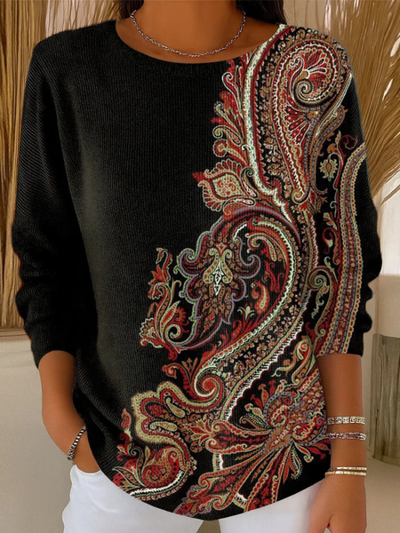 

Women Floral Printing Spring/Fall Casual Long Sleeve Crew Neck Sweater, Black, Sweaters
