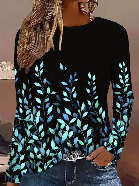 

Women Leaf Long Sleeve Tee T-shirt Crew Neck Printing Casual Spring/Fall Graphic Tee Top, Black, T-Shirts