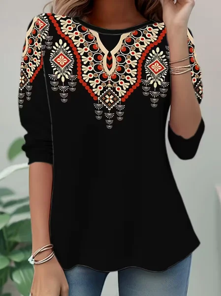 

Women Ethnic Long Sleeve Tee T-shirt Crew Neck Casual Spring/Fall Tunic Top, Black, T-Shirts