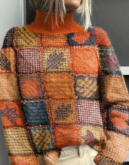

Women Maple Leaf Printing Spring/Fall Vintage Long Sleeve Turtleneck Sweater, Orange, Sweaters