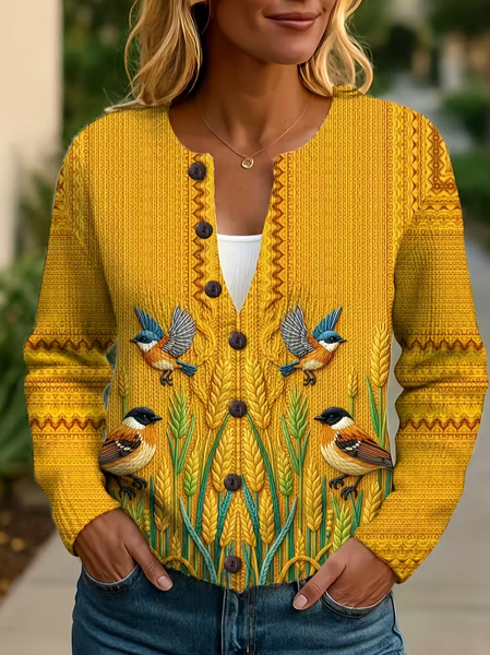 

Women Bird Printing Long Sleeve Crew Neck Vintage Spring/Fall Cardigan Outerwear, Yellow, Cardigans