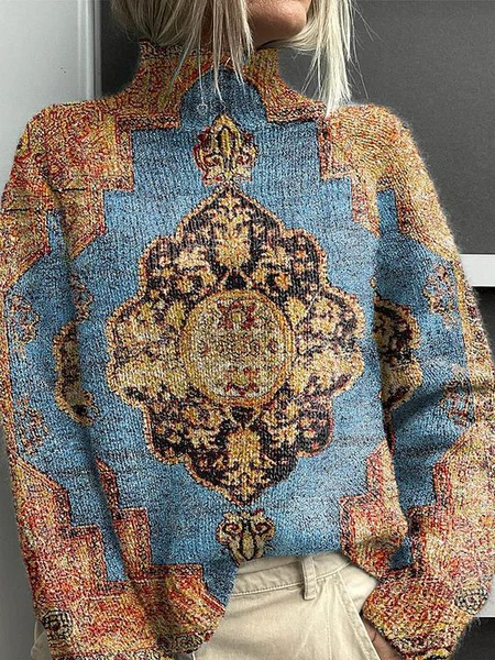 

Women Ethnic Printing Spring/Fall Vintage Long Sleeve Turtleneck Sweater, Blue, Sweaters