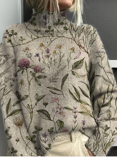 

Women Floral Printing Spring/Fall Vintage Long Sleeve Turtleneck Sweater, Khaki, Sweaters