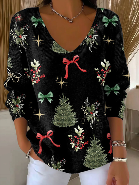 

Women Christmas Long Sleeve Tee T-shirt V Neck Printing Casual Spring/Fall Top, Black, T-Shirts