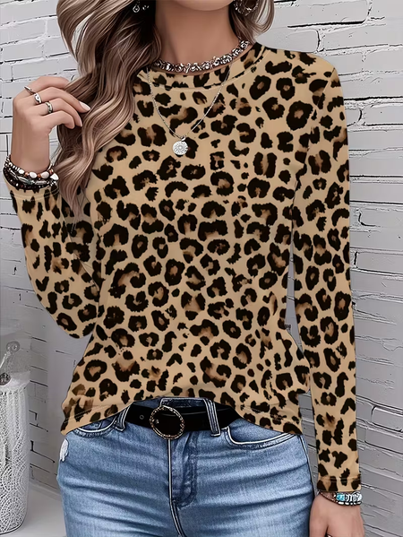 

Women Leopard Long Sleeve Tee T-shirt Crew Neck Printing Casual Spring/Fall Graphic Tee Top, Camel, T-Shirts