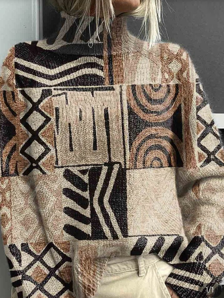 

Women Geometric Printing Spring/Fall Vintage Long Sleeve Turtleneck Sweater, Brown, Sweaters