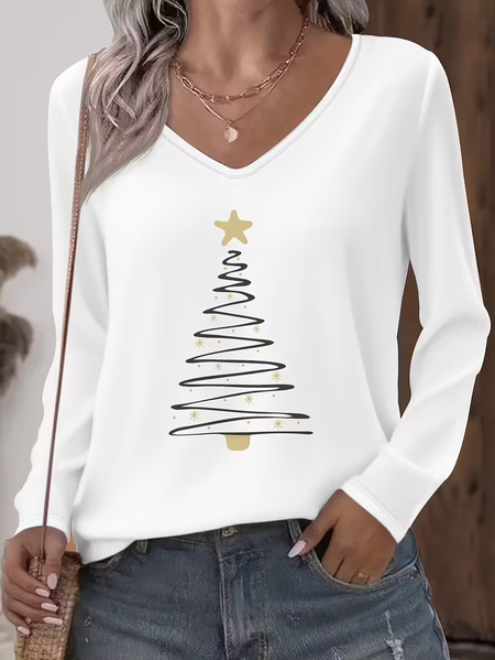Women Christmas Long Sleeve Tee T-shirt V Neck Printing Casual Spring/Fall Graphic Tee Top
