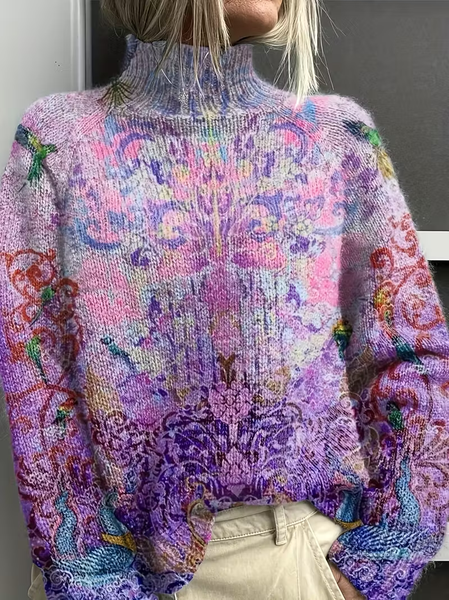 

Women Floral Printing Spring/Fall Vintage Long Sleeve Turtleneck Sweater, Purple, Sweaters