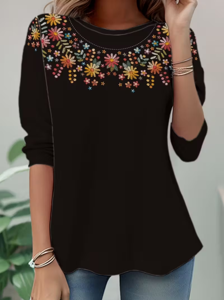 

Women Floral Long Sleeve Tee T-shirt Crew Neck Casual Spring/Fall Tunic Top, Black, T-Shirts