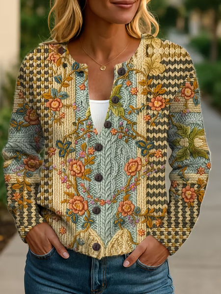 

Women Floral Long Sleeve Comfy Vintage Printing Cardigan, As picture, Cardigans