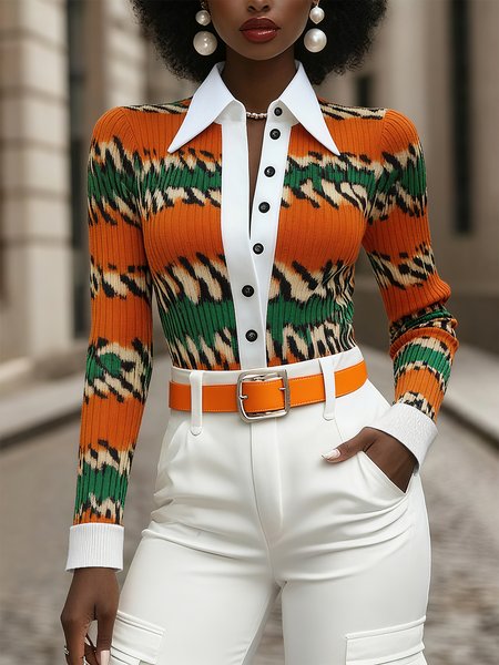 

Urban Random Print Buttoned Shirt Collar Sweater, As picture, Pullovers