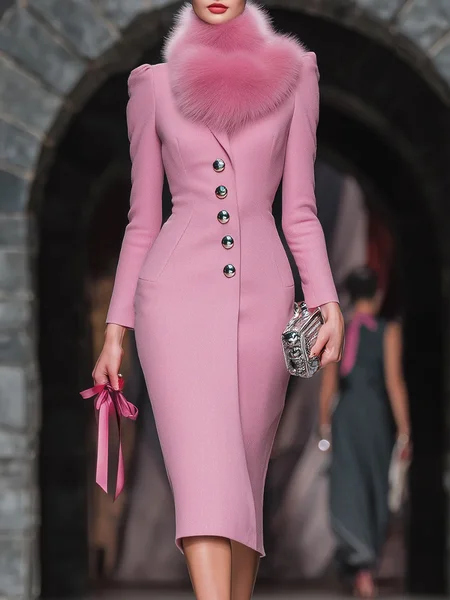 

Elegant Buttoned Plain Lapel Collar Coat With Scarf, Pink, Coats