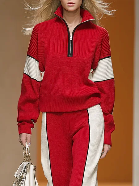 

Casual Color Block Turtleneck Loosen Sweater, Red, Pullovers