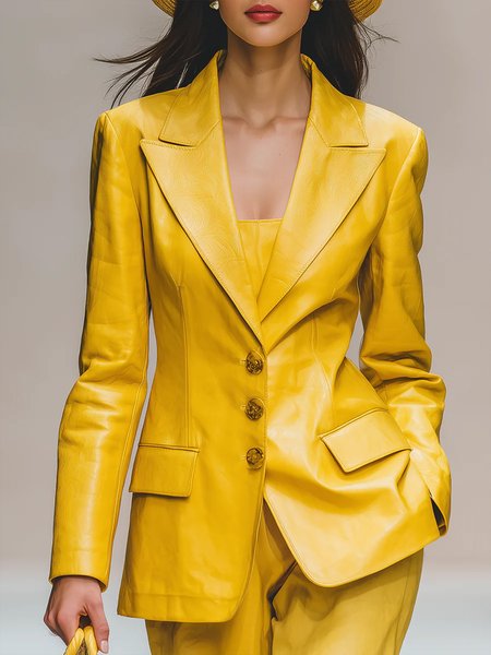 

Urba Buttoned Plain Lapel Collar Faux Leather Coat, Yellow, Jackets