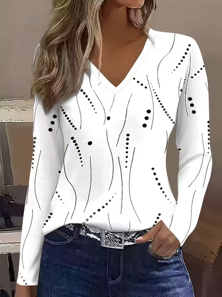 

Women Polka Dots Long Sleeve Tee T-shirt V Neck Printing Casual Spring/Fall Graphic Tee Top, White, T-Shirts
