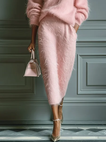

Casual Plain Midi Sweater Skirt, Pink, Skirts
