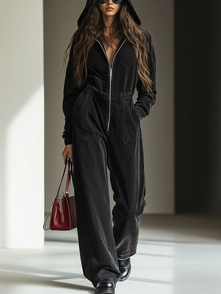 

Zipper Casual Denim Hoodie Jumpsuit, Black, Jumpsuits