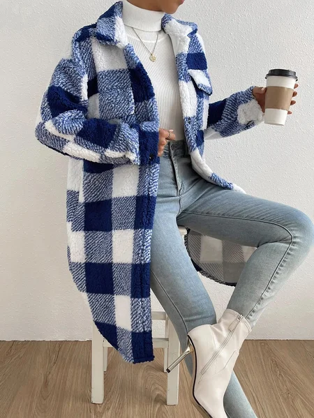 

Women's Plaid Winter Outerwear Casual Printing Mid-long Shawl Collar Overcoat, Blue, Coats
