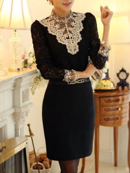 

Women Floral Long Sleeve Tee T-shirt Stand Collar Beaded Vintage Spring/Fall Top, Black, T-Shirts