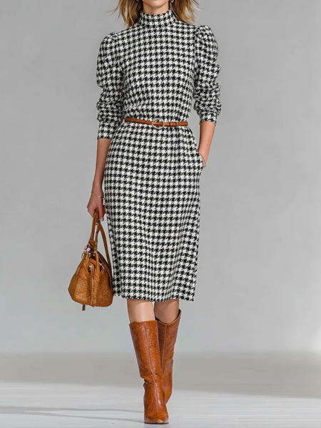 

Urban Houndstooth Stand Collar Knee Length Dress No Belt, Black, Midi Dresses