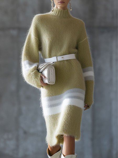 

Urban Color Block Raglan Sleeves Stand Collar Sweater Dress No Belt, Green, Midi Dresses
