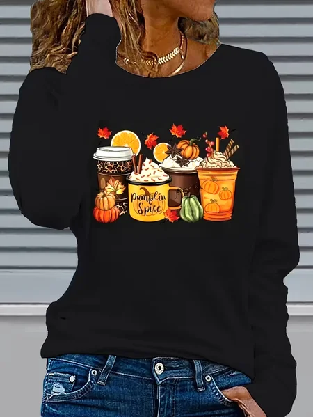 

Women Halloween (pumpkin) Long Sleeve Tee T-shirt Crew Neck Printing Casual Spring/Fall Graphic Tee Top, Black, T-Shirts
