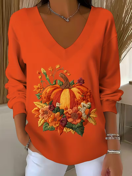 

Casual Floral V Neck Long Sleeve T-shirt, Orange, T-shirts