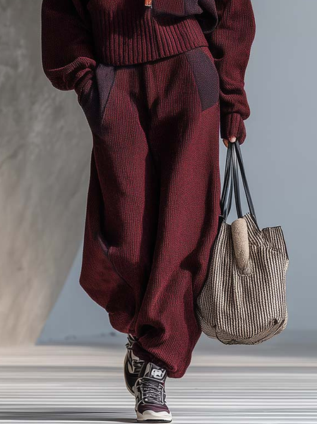 

Casual Color Block Ankle Banded Pants, Wine red, Pants