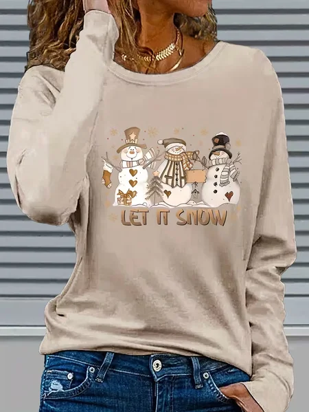 

Women Christmas Snowman Long Sleeve Tee T-shirt Crew Neck Printing Casual Spring/Fall Graphic Tee Top, Apricot, T-Shirts